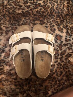 Birkenstock Off White Two-Strap Sandals with light tan buckles Buckles